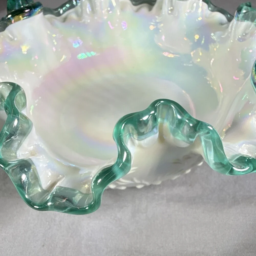 Fenton Teal Crest Spanish Lace Iridized Milk Glass Basket 1990s C3538 TC MINT